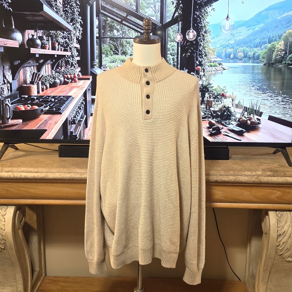 FAHERTY Mens 4XLT Quarter Button Sweater Cotton Cashmere Khaki Beige NWT! - $268